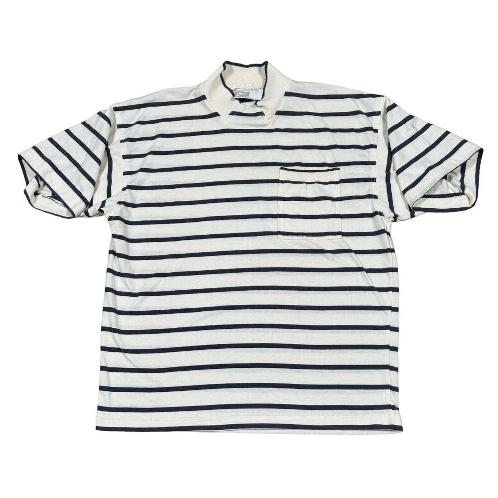 Vintage Nike‎ Gray Tag Striped Collared T-Shirt w Pocket Sz L in Cream, Navy